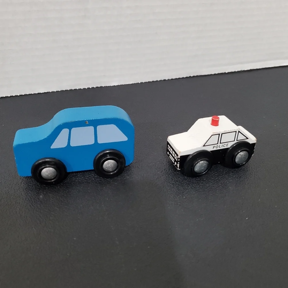 Wood Blue Van Car Truck & Police Car Toy figures rolling wheels play L👀K